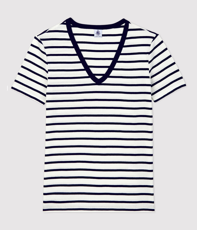 Tee-shirt L'ICONIQUE col V en coton Femme blanc MARSHMALLOW/bleu SMOKING