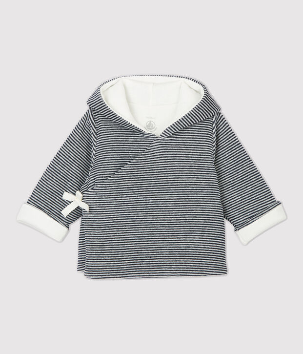 Veste ray&eacute;e &agrave; capuche b&eacute;b&eacute; en velours de coton biologique blanc/bleu