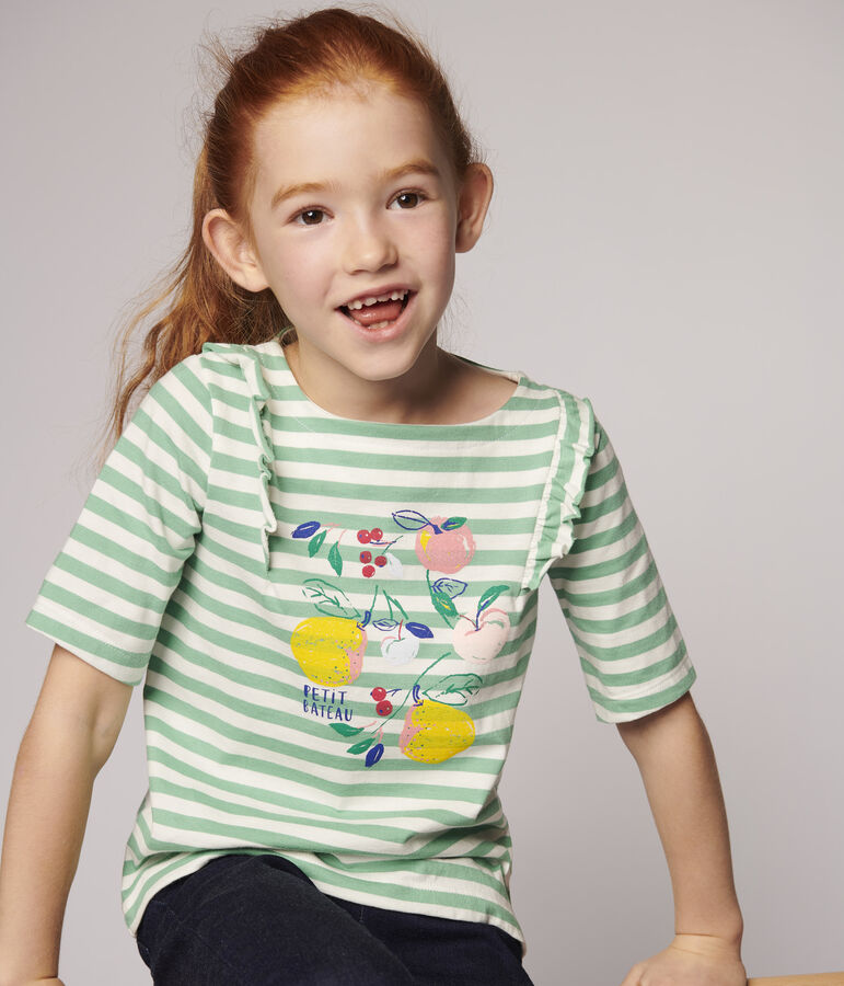 Tee-shirt manches courtes en jersey enfant fille vert/blanc