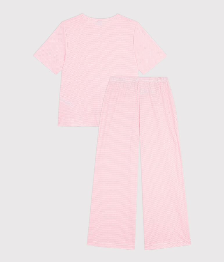 Pyjama femme en coton jambes larges &agrave; rayures rose/blanc