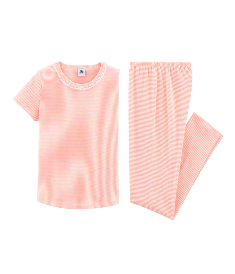 Pyjama &agrave; manches courtes petite fille en c&ocirc;te rose/blanc