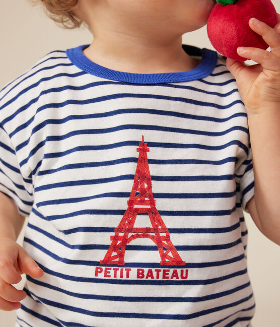 Tee-shirt manches courtes en jersey fin bébé blanc MARSHMALLOW/bleu MEDIEVAL