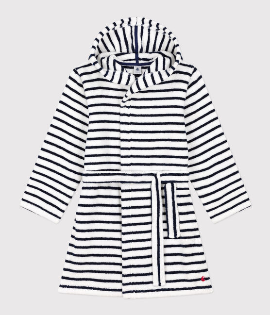 Peignoir rayé en éponge enfant blanc LAIT/bleu MEDIEVAL