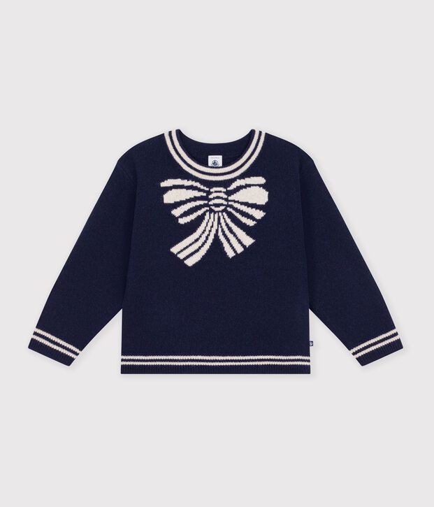 Pull enfant en laine et coton motif n&oelig;ud bleu/beige