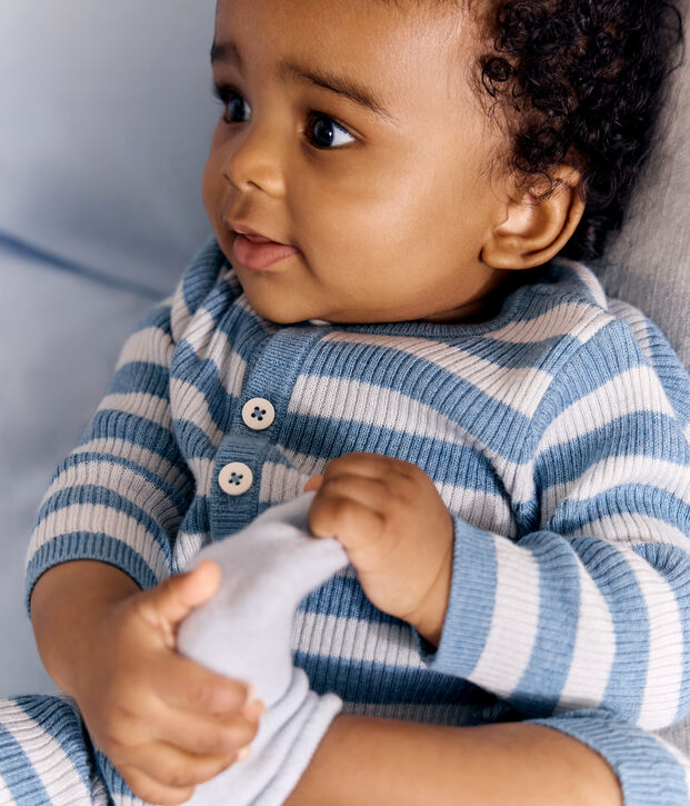 Combinaison b&eacute;b&eacute; ray&eacute;e en tricot laine et coton bleu/bleu