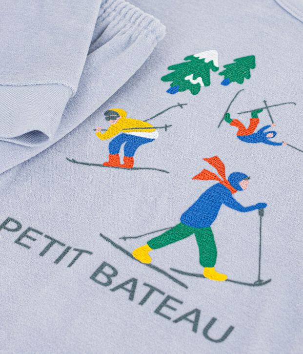 Pyjama enfant en velours uni &agrave; motif skieurs bleu clair