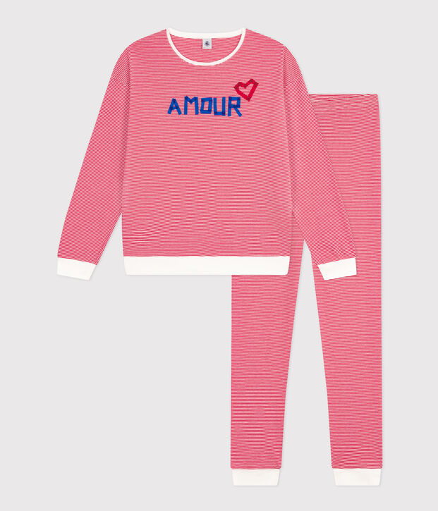 Pyjama ray&eacute; en coton femme rouge/blanc