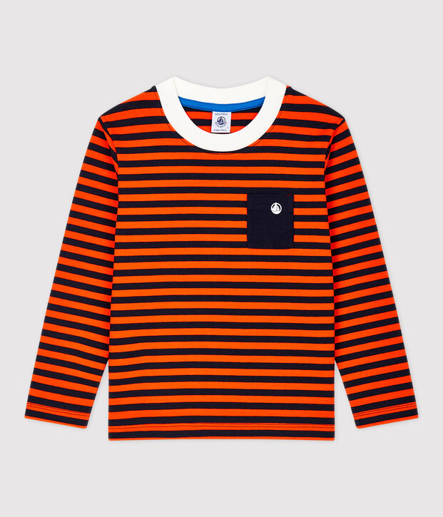 Tee-shirt manches longues en coton enfant gar&ccedil;on bleu/orange