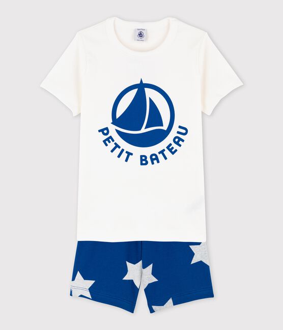 Pyjacourt logo Petit Bateau petit garçon en coton blanc MARSHMALLOW/bleu MAJOR