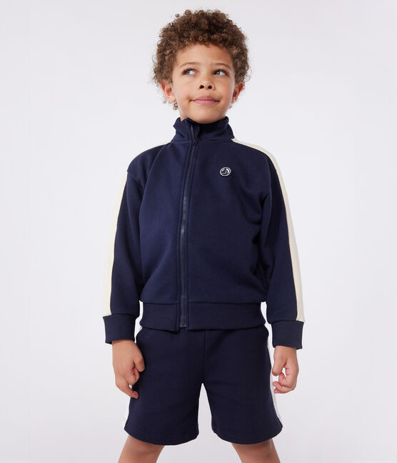 Sweatshirt zippé col montant enfant en coton uni bleu SMOKING