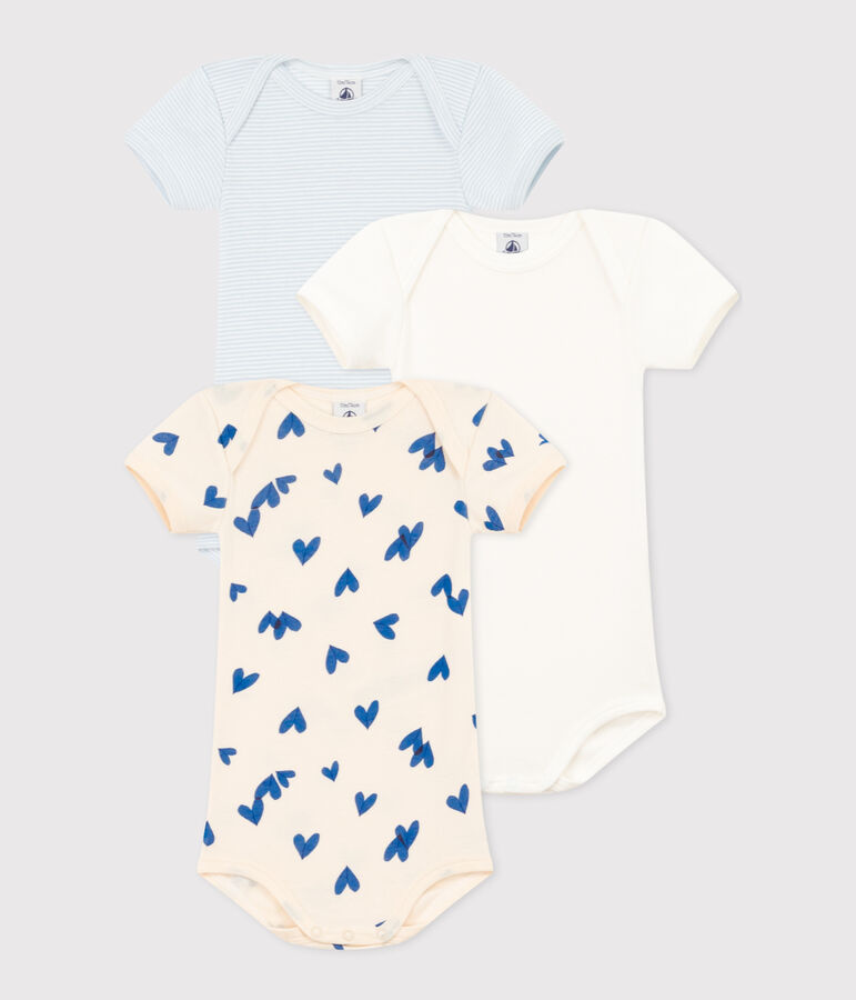 Lot de 3 bodies manches courtes c&oelig;urs bleus b&eacute;b&eacute; en coton multicouleur