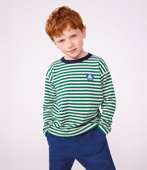Tee-shirt enfant manches longues &agrave; rayures vert/beige/vert