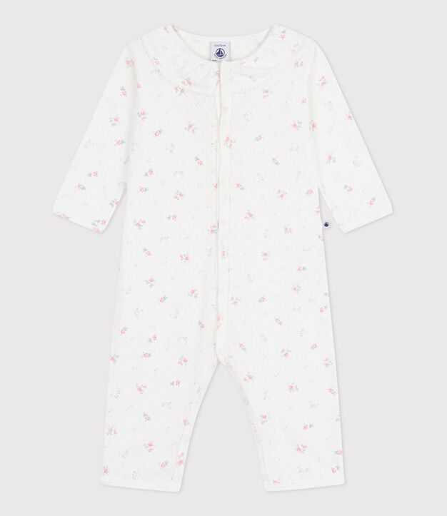 Pyjama b&eacute;b&eacute; en coton ajour&eacute; sans pieds avec col imprim&eacute; fleuri blanc/multicouleur