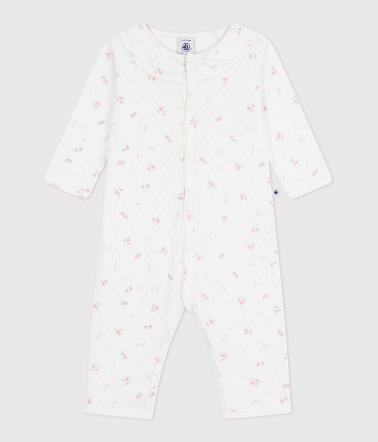Pyjama b&eacute;b&eacute; en coton ajour&eacute; sans pieds avec col imprim&eacute; fleuri blanc MARSHMALLOW/blanc MULTICO