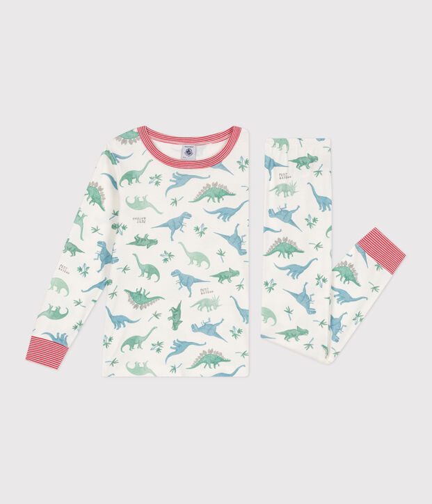 Pyjama enfant en coton imprim&eacute; dinosaures blanc/multicouleur