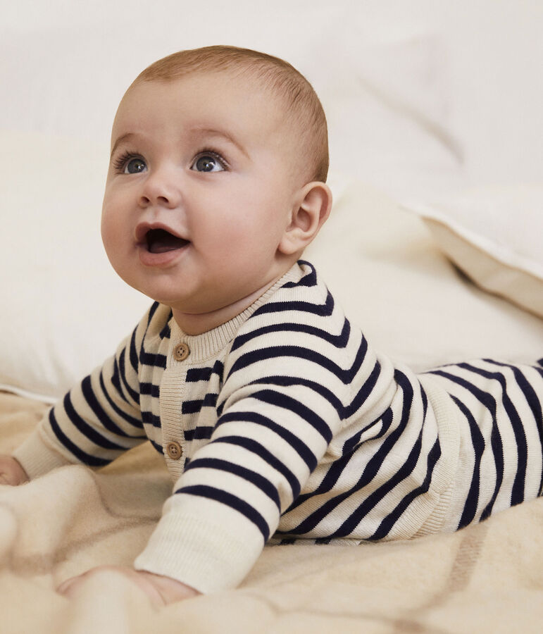 Ensemble 2 pi&egrave;ces &agrave; rayures marini&egrave;res b&eacute;b&eacute; en tricot laine et coton &eacute;cru/bleu