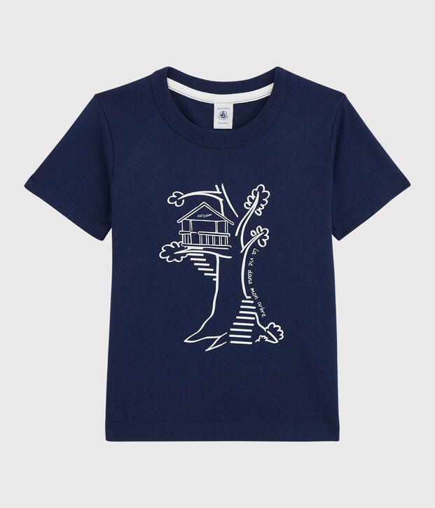 T-shirt manches courtes en coton enfant gar&ccedil;on bleu fonc&eacute;