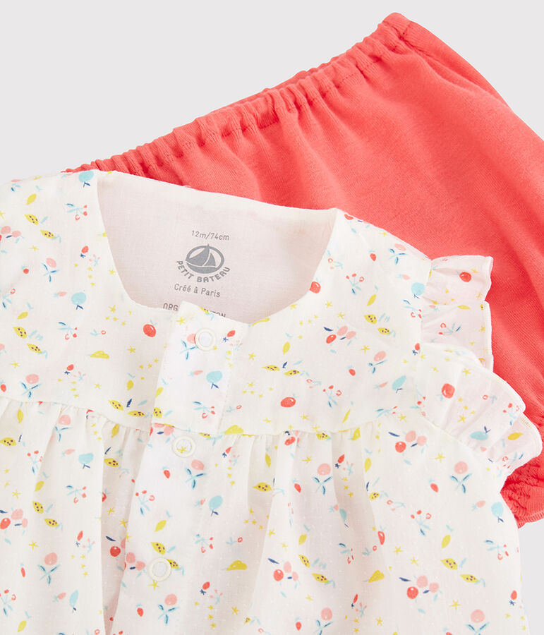 Ensemble 2 pi&egrave;ces fleuri b&eacute;b&eacute; fille en cha&icirc;ne et trame et  coton biologique blanc MARSHMALLOW/blanc MULTICO