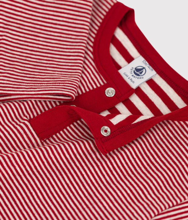 Tee-shirt manches longues b&eacute;b&eacute; milleraies en tubique rouge/beige