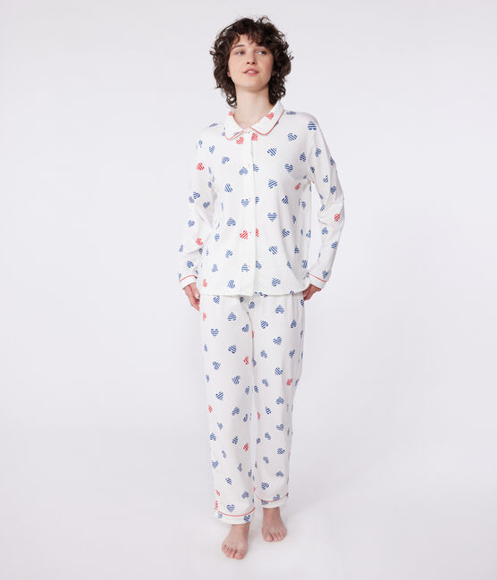 Pyjama femme en coton boutonné imprimé cœurs blanc MARSHMALLOW/blanc MULTICO