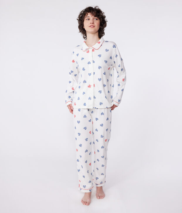 Pyjama femme en coton boutonn&eacute; imprim&eacute; c&oelig;urs blanc/multicouleur
