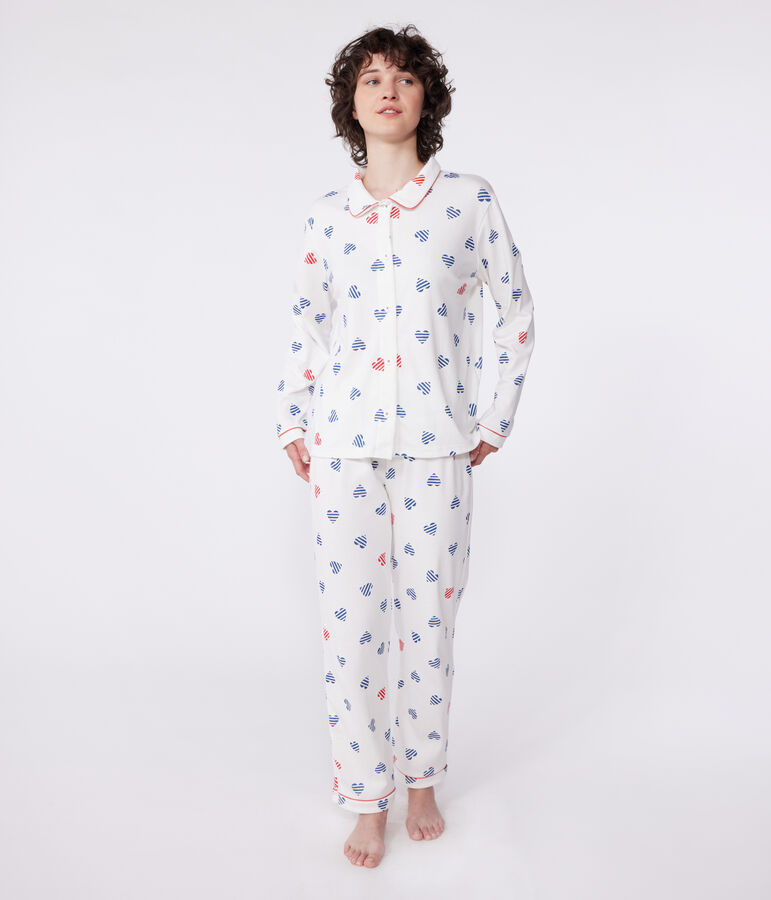 Pyjama femme en coton boutonn&eacute; imprim&eacute; c&oelig;urs blanc MARSHMALLOW/blanc MULTICO