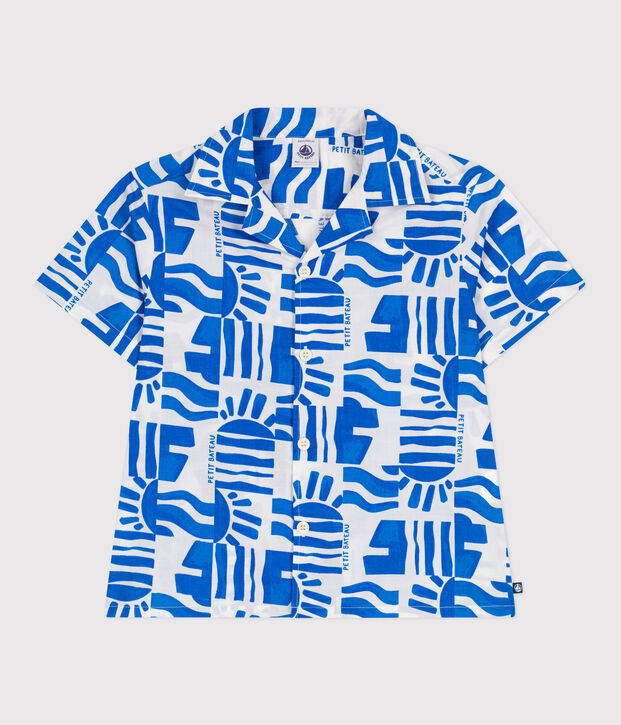 Chemise enfant en coton manches courtes imprim&eacute;e bleu/bleu