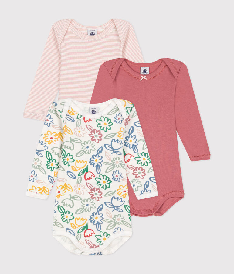 Lot de 3 bodies manches longues fleurs en coton b&eacute;b&eacute; multicouleur