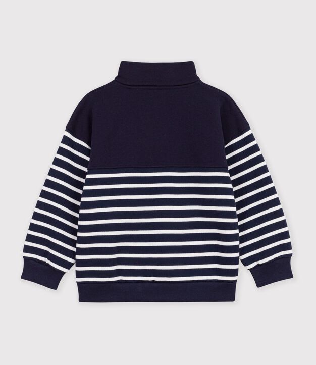 Sweatshirt col camionneur enfant en coton &agrave; rayures bleu/blanc