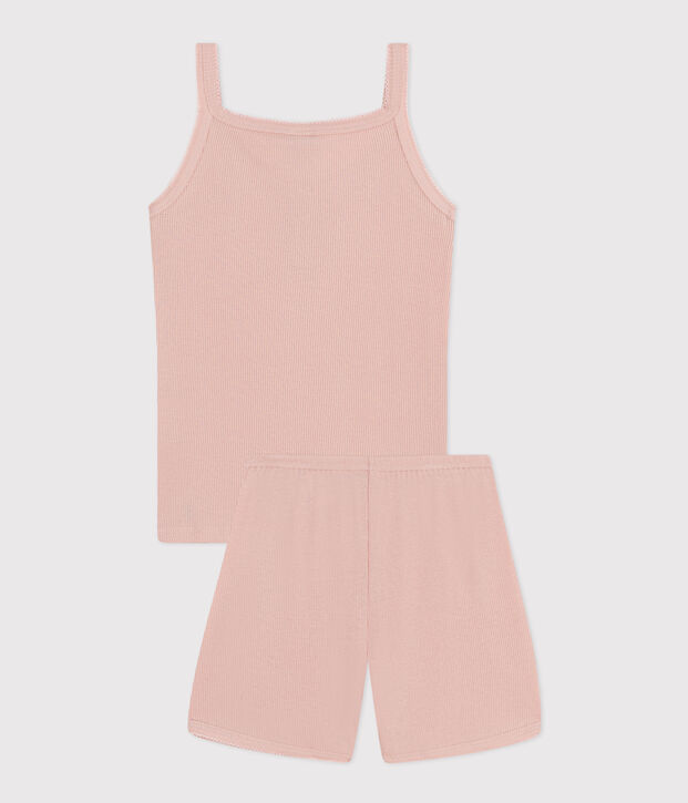 Pyjama short et d&eacute;bardeur uni en coton et lyocell enfant rose