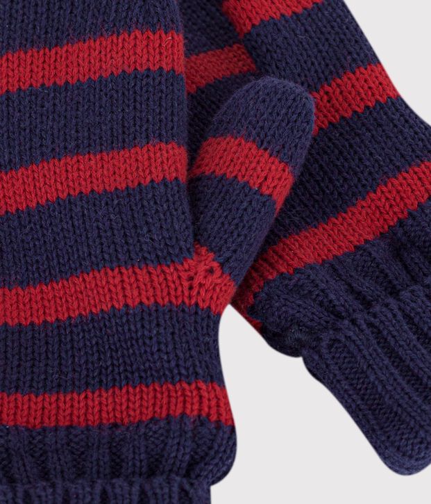 Moufles enfant en tricot &agrave; rayures doubl&eacute; polaire bleu/rouge