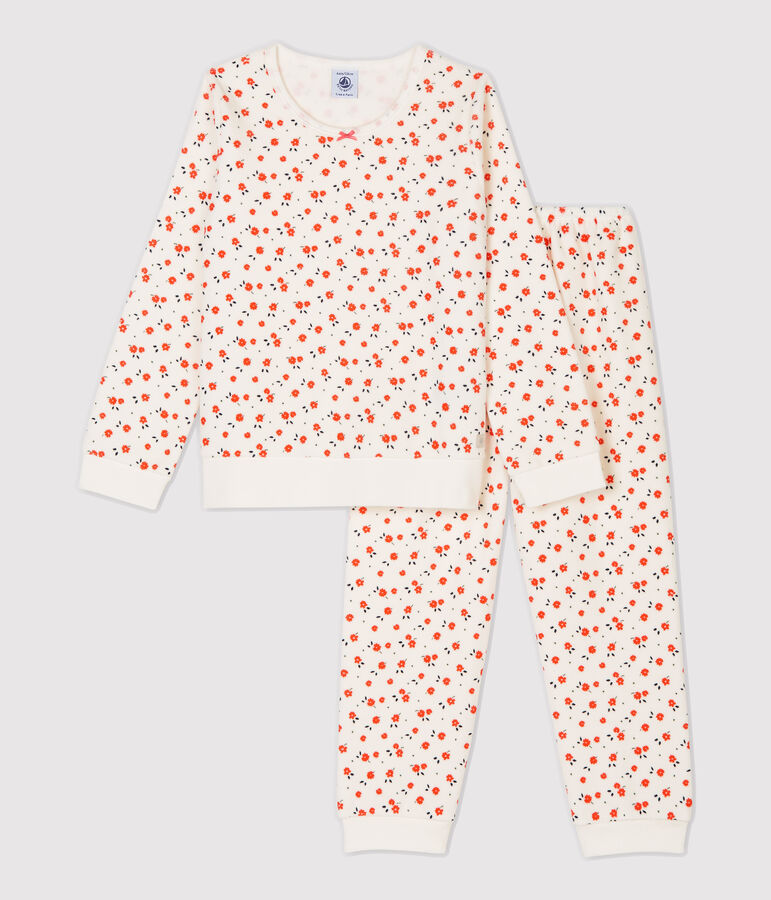 Pyjama imprim&eacute; fleuri petit fille en velours blanc MARSHMALLOW/blanc MULTICO