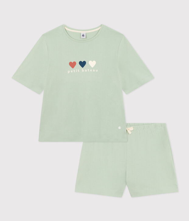 Pyjama short et tee-shirt en coton uni femme. vert