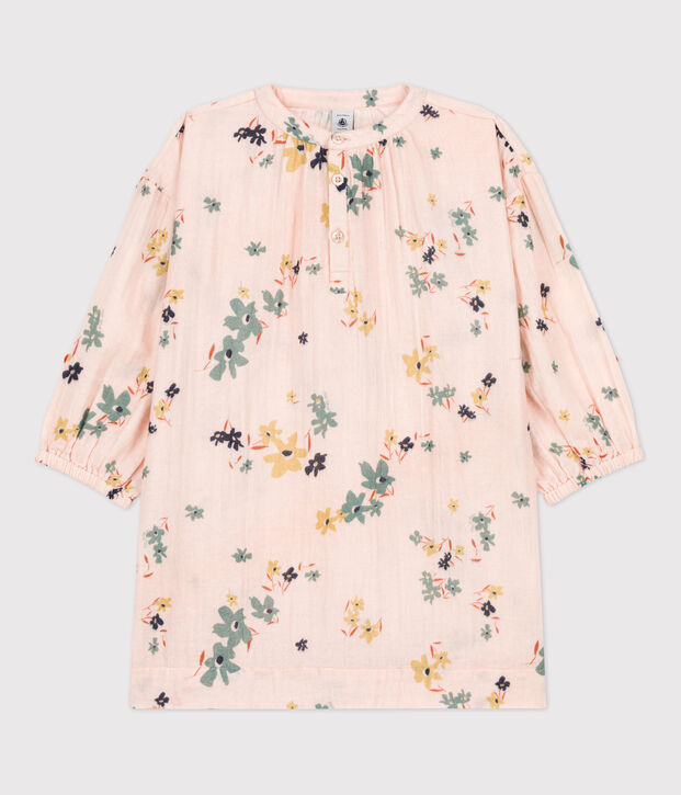 Robe manches longues en gaze de coton enfant fille rose/multicouleur