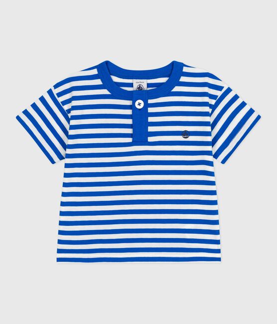 T-shirt bébé en coton à manches courtes rayé bleu PORCELANA/ MARSHMALLOW