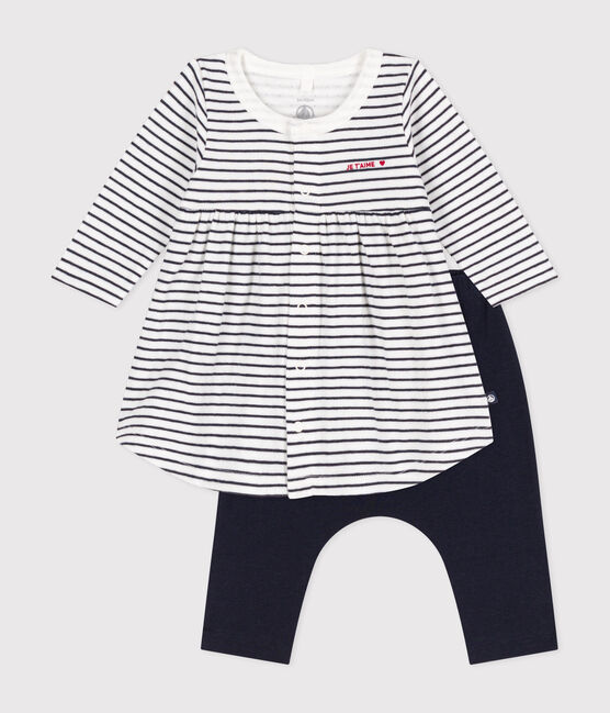 Robe marinière et legging en coton bébé blanc MARSHMALLOW/bleu SMOKING