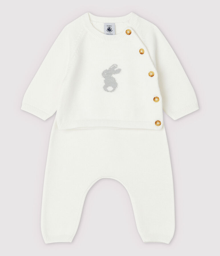 Ensemble 2 pi&egrave;ces blanc b&eacute;b&eacute; en tricot de coton biologique blanc