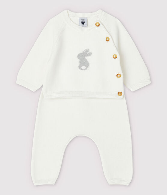 Ensemble 2 pièces blanc bébé en tricot de coton biologique blanc MARSHMALLOW