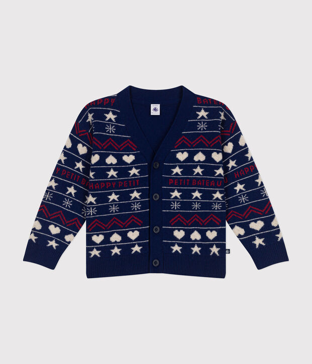 Cardigan jacquard laine et coton enfant gar&ccedil;on bleu/multicouleur