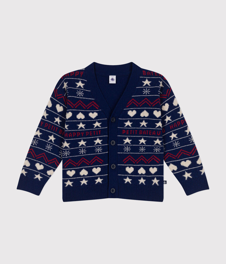 Cardigan jacquard laine et coton enfant gar&ccedil;on bleu MEDIEVAL/blanc MULTICO