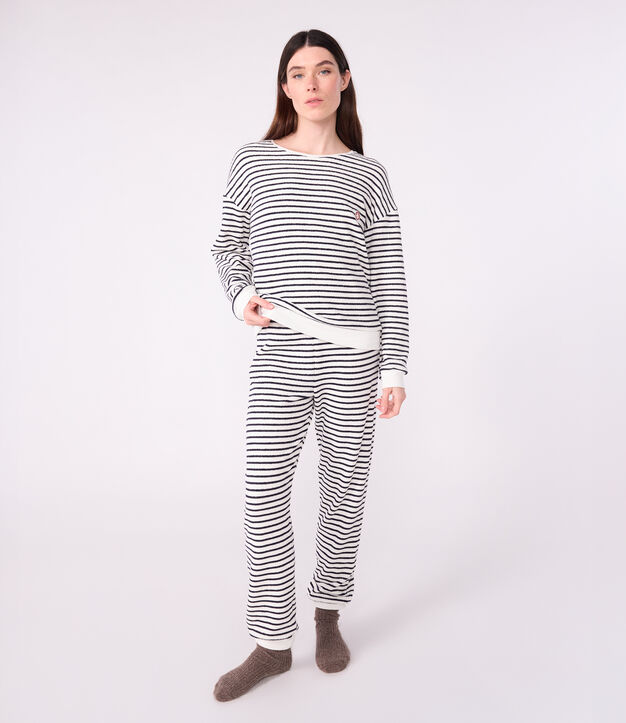 Pyjama femme en coton &eacute;ponge &agrave; rayures bleu/bleu