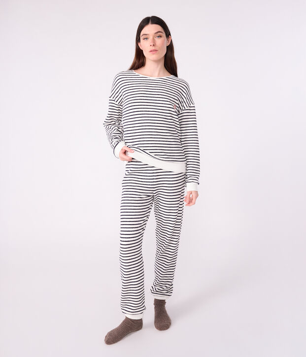 Pyjama femme en coton &eacute;ponge &agrave; rayures bleu/bleu