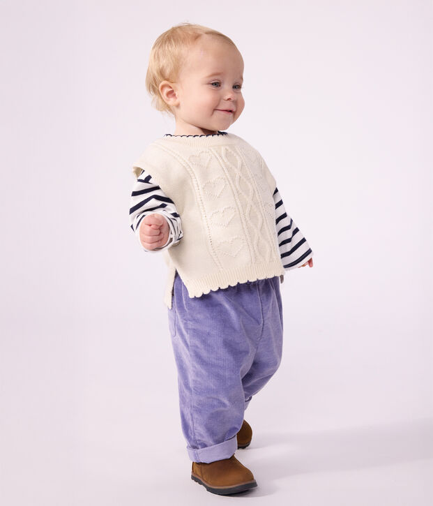 Pull b&eacute;b&eacute; en tricot laine et coton sans manches blanc