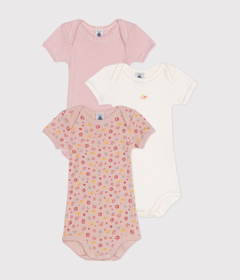 Lot de 3 bodies manches courtes fleurs en coton b&eacute;b&eacute; variante 1
