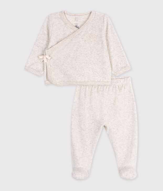 Ensemble b&eacute;b&eacute; en coton brod&eacute; poitrine uni beige chin&eacute;