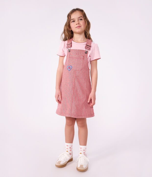 Robe salopette enfant en coton &agrave; rayures rose/rose