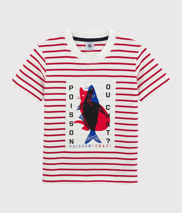 Tee-shirt manches courtes en jersey enfant gar&ccedil;on blanc/rouge