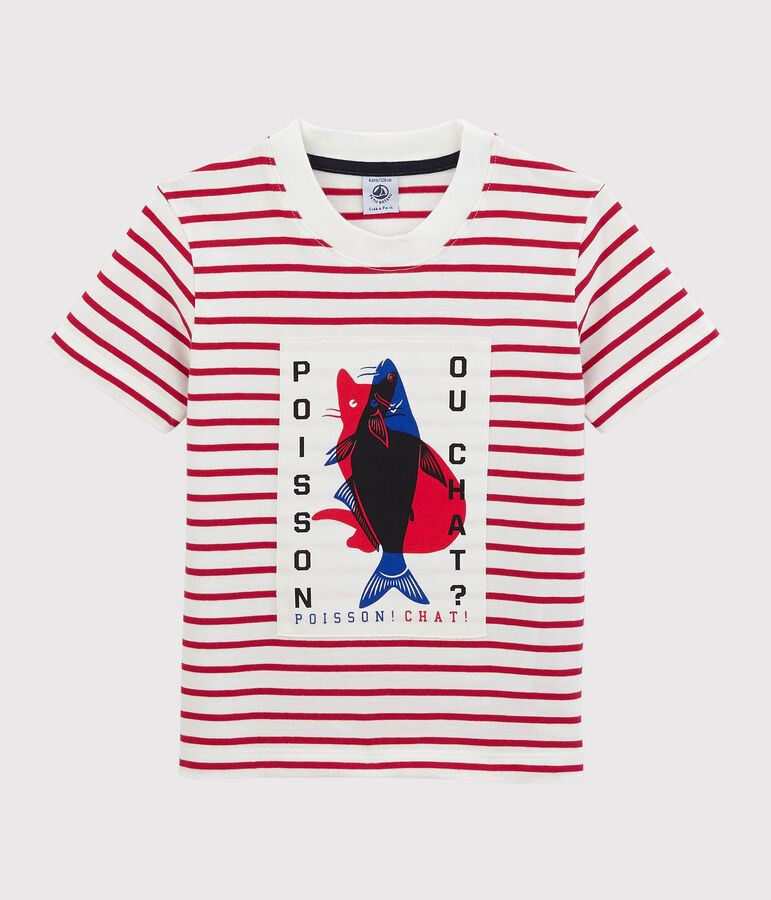 Tee-shirt manches courtes en jersey enfant gar&ccedil;on blanc MARSHMALLOW/rouge TERKUIT