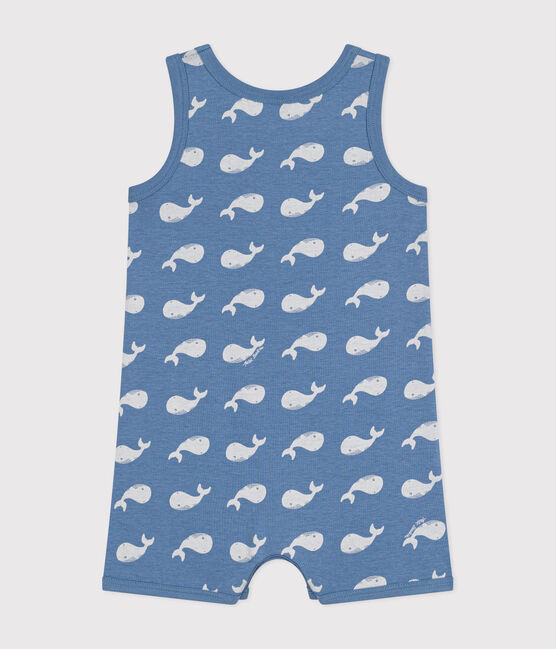 Combinaison courte imprimé baleine bébé en coton bleu BEACH/ MARSHMALLOW
