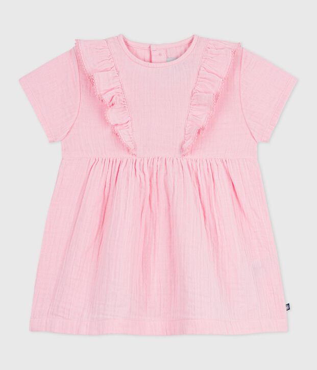 Robe b&eacute;b&eacute; en coton manches courtes unie rose clair